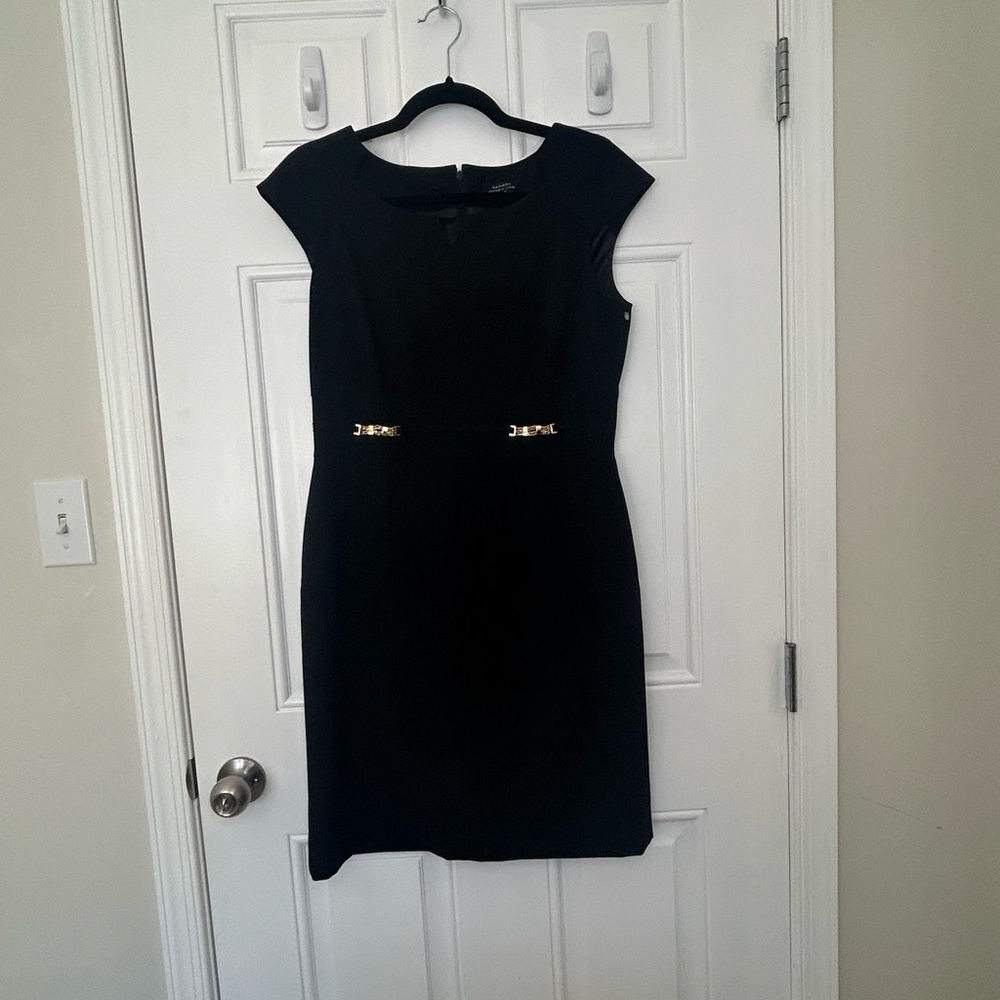 Tahari ASL Black Midi Dress with Gold Accents size 8P